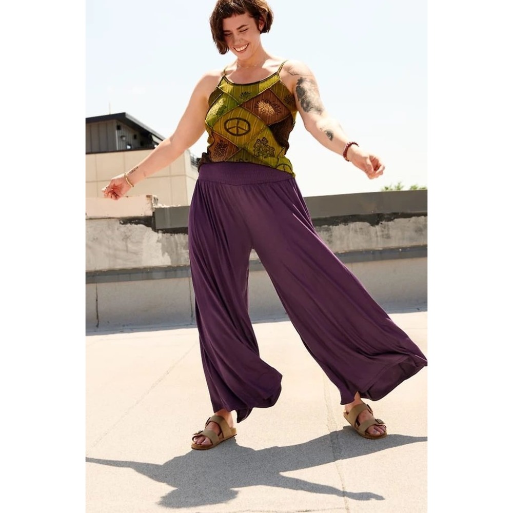 Earthbound Trading Co Plum Purple Smocked Wide Leg Palazzo Pants XL Boho Lounge